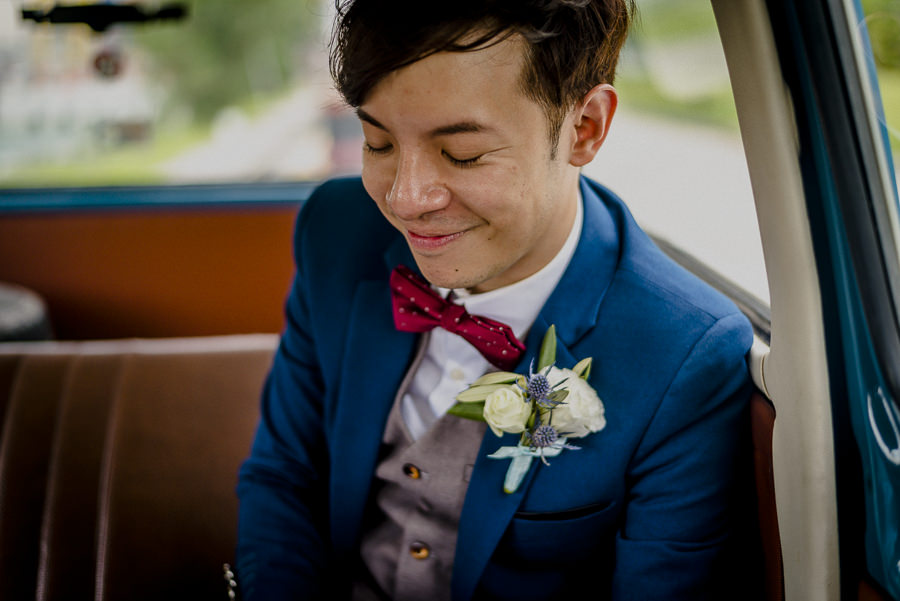 Teary Groom after reading her marriage vow. Actual Wedding Day AD with Volkswagen Kombi Van Classic Singapore Wedding Photographer