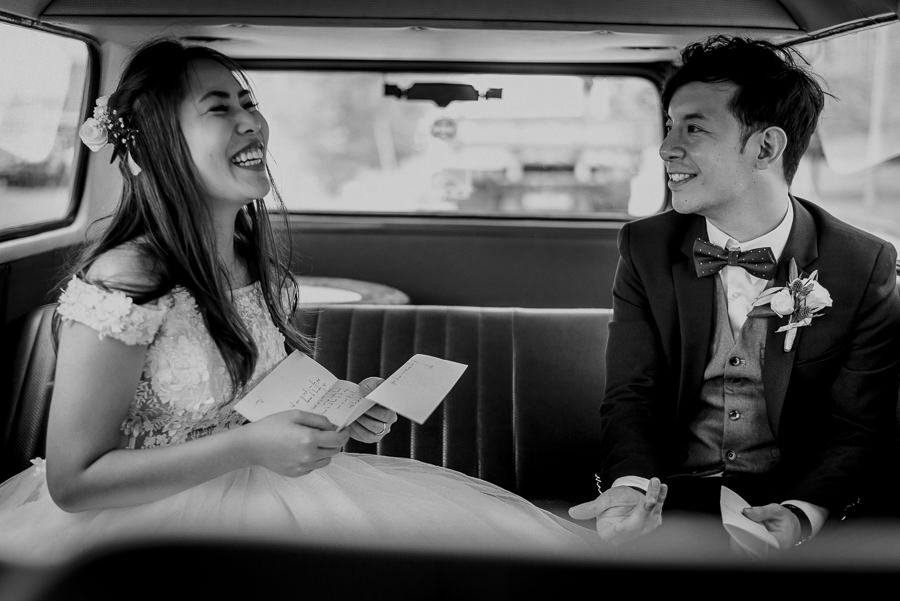 Bride and Groom in a moment. Actual Wedding Day AD with Volkswagen Kombi Van Classic Singapore Wedding Photographer